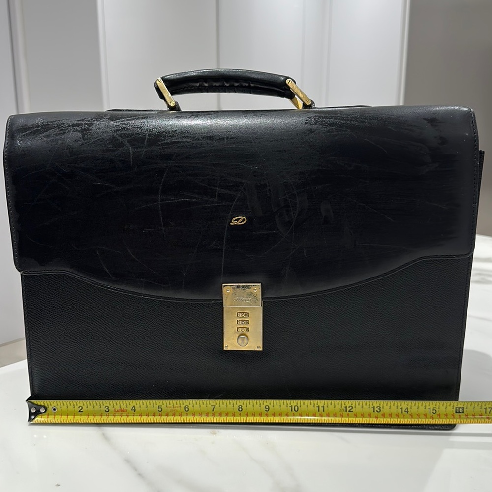 Black Leather briefcase with lock combination. St Dupont Paris.
